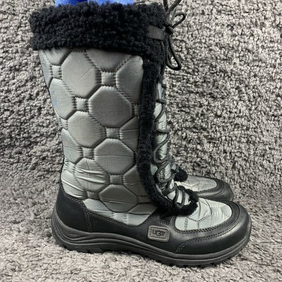 UGG Women's 10 Capstone Quilted Gray Fur Lined Tall Waterproof Winter Boot - Picture 3 of 7